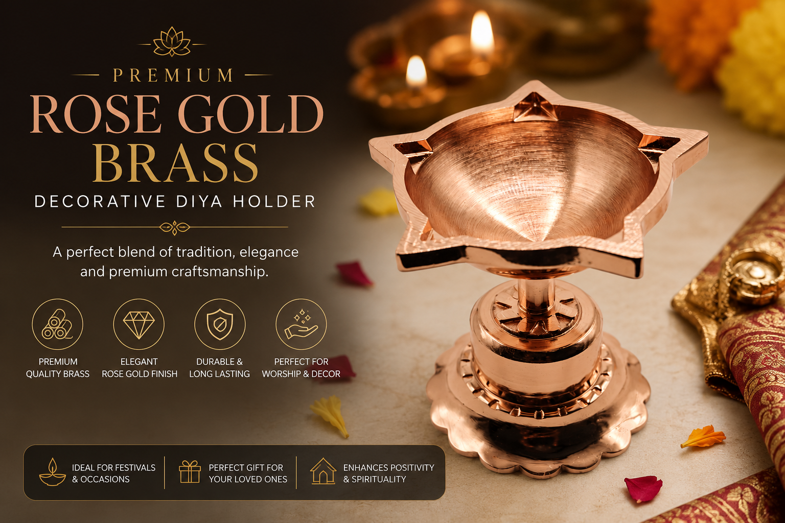 Premium Rose Gold Brass Decorative Diya Holder - Image 2